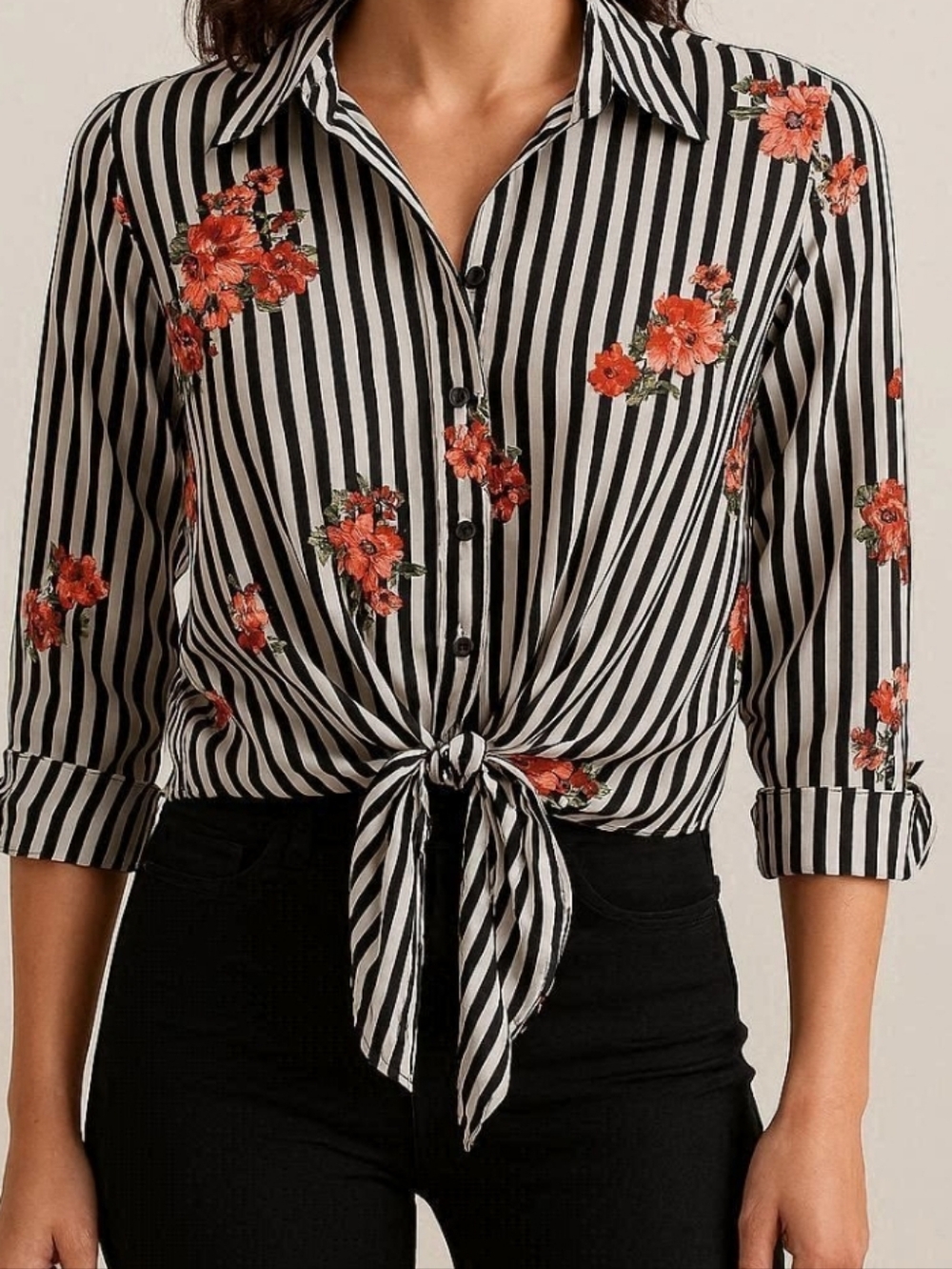 Black, White Stripes & Orange Florals Tie-Front Shirt - 3/4 Roll Tab Sleeves - M
